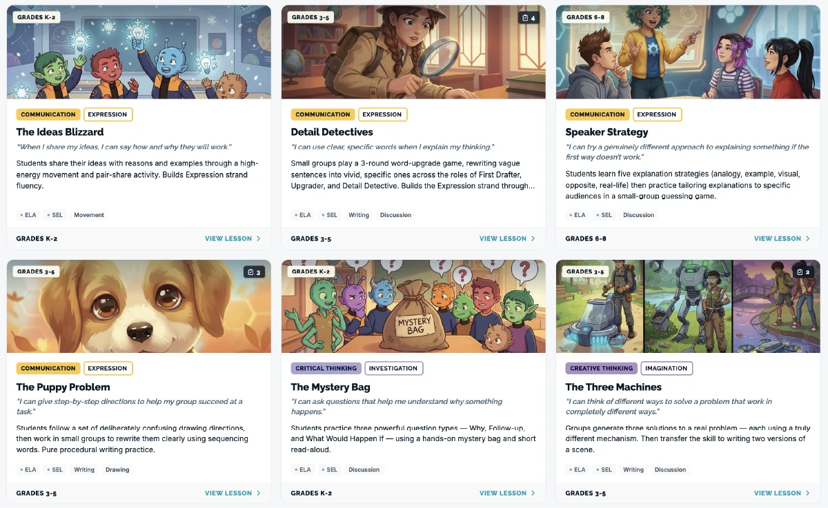 A grid of HUB lessons, each with artwork, a skill tag, and a grade band
